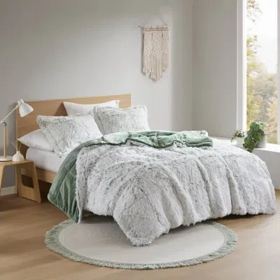 Intelligent Design Brielle Shaggy Faux Fur Comforter Set With Faux Mink Reverse In Green,white