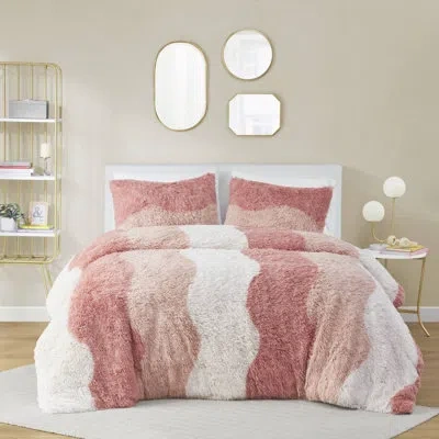 Intelligent Design Cassie Trahan Ombre Shaggy Faux Fur Duvet Cover Set In Blush Multi