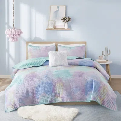 Intelligent Design Cassiopeia Watercolor Tie Dye Printed Quilt Set In Blue