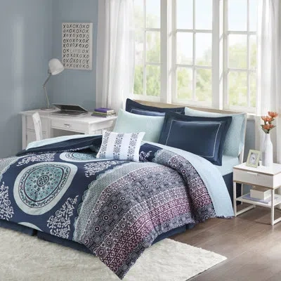 Intelligent Design Loretta Bohemian Medallion Reversible Comforter Set With Bed Sheets In Navy