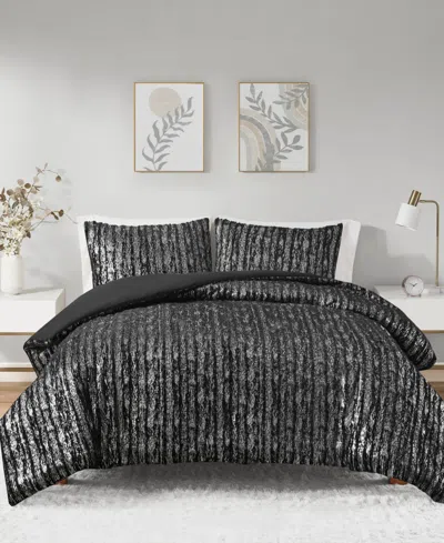 Intelligent Design Naomi Metallic Print Faux Fur 3 Piece Duvet Cover Set, Full/queen In Black,silver