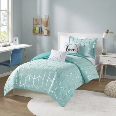 Intelligent Design Raina Metallic Printed Comforter Set In Aqua,silver