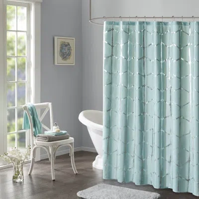 Intelligent Design Raina Printed Metallic Shower Curtain In Aqua,silver