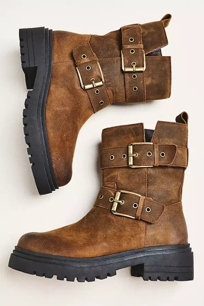 Intentionally Blank Station Suede Lug-sole Moto Boots In Brown