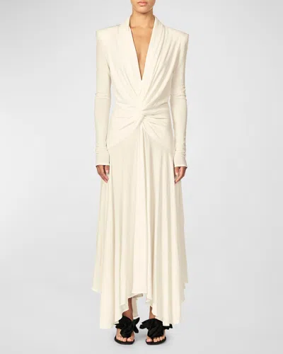Interior Aria Plunging Twisted Strong-shoulder Long-sleeve Maxi Dress In Ecru