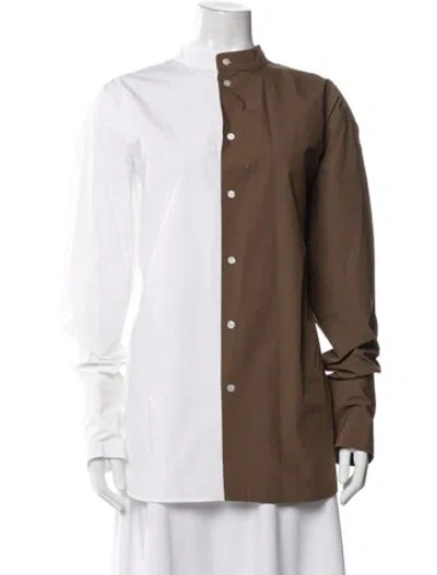 Pre-owned Interior Colorblock Pattern Long Sleeve Button-up Top In Brown