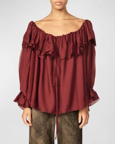 Interior Firanelli Ruffle Scoop-neck Long-sleeve Silk Peasant Blouse In Currant