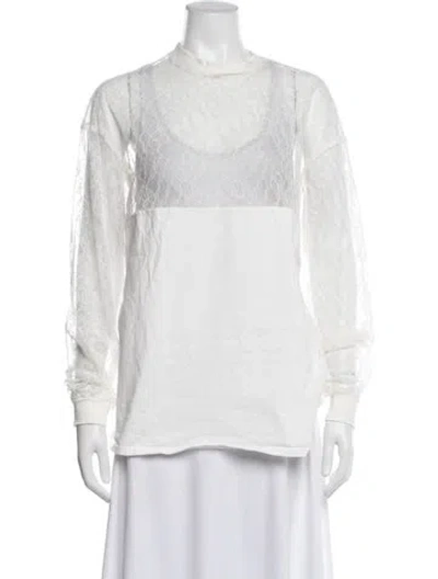 Pre-owned Interior Lace Pattern Mock Neck Top In White