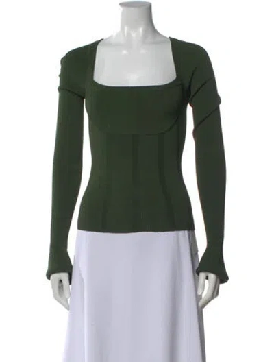 Pre-owned Interior Square Neckline Long Sleeve Top In Green
