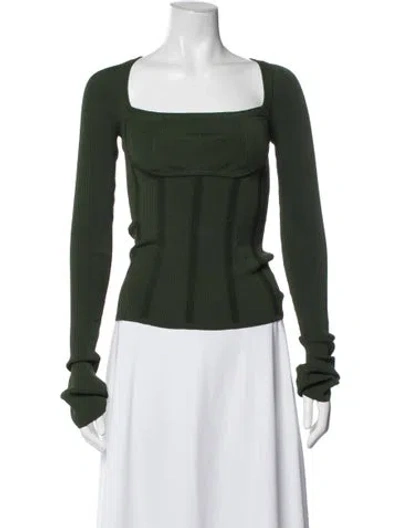 Pre-owned Interior Square Neckline Long Sleeve Top In Green