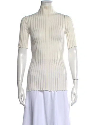 Pre-owned Interior Striped Mock Neck Top In White