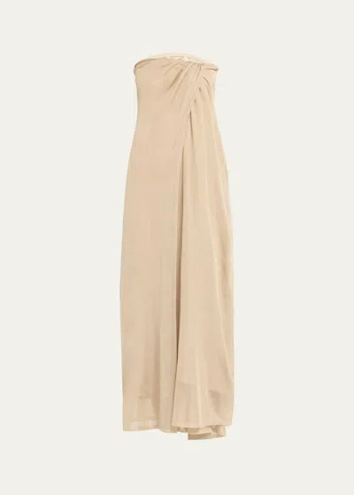 Interior The Ona Metallic Front-knot Strapless Dress In Almond