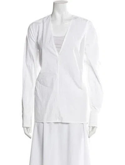 Pre-owned Interior V-neck Long Sleeve Blouse In White