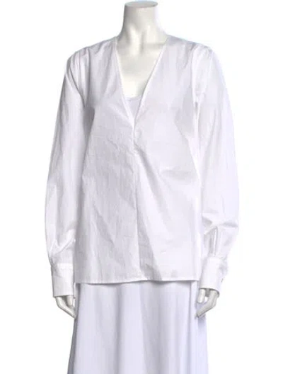 Pre-owned Interior V-neck Long Sleeve Blouse In White