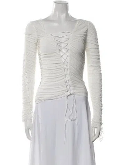 Pre-owned Interior V-neck Long Sleeve Top In White