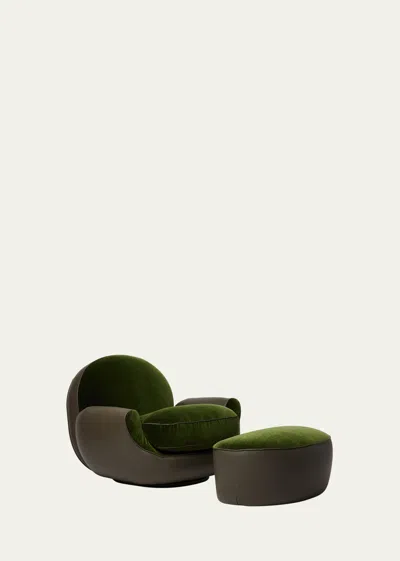Interlude Home X Widell + Boschetti Laurent Velvet & Faux Leather Ottoman By Christina Boschetti In Brown, Green