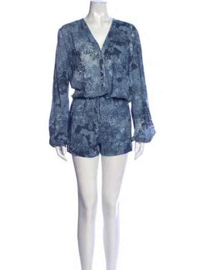 Pre-owned Intermix Floral Print V-neck Romper In Blue