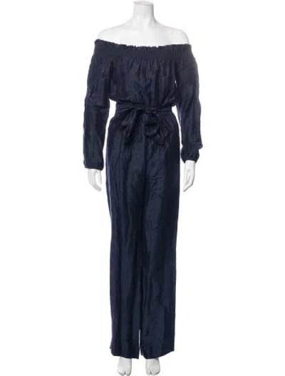 Pre-owned Intermix Linen Off-the-shoulder Jumpsuit In Blue