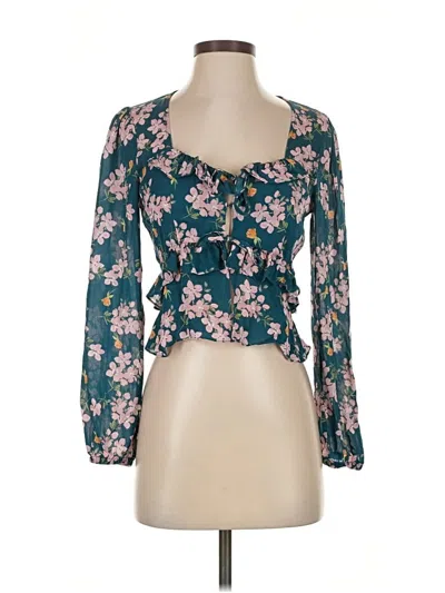 Pre-owned Intermix Long Sleeve Silk Top Teal Sweetheart Neckline Tops In Blue