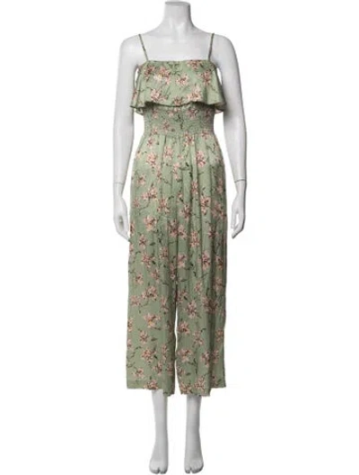 Pre-owned Intermix Silk Floral Print Jumpsuit In Green/neutrals
