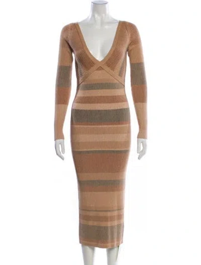 Pre-owned Intermix Striped Midi Length Dress In Brown