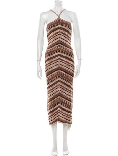 Pre-owned Intermix Striped Midi Length Dress In Brown