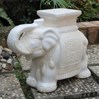 International Caravan Large Porcelain Elephant Stool-white Wash
