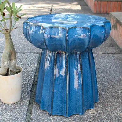 International Caravan Navy Blue Round Scalloped Ceramic Garden Stool