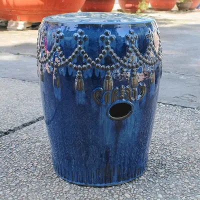 International Caravan Navy Blue Tasseled Drum Creamic Garden Stool