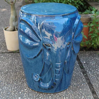 International Caravan Navy Blue Wild Elephant Drum Ceramic Garden Stool