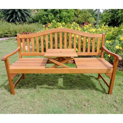 International Caravan Royal Fiji Acacia 59-inch Camel Back 63-inch 3-seater Bench With Pop-up Table In Blue