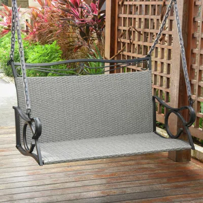 International Caravan Valencia Resin Wicker/ Steel Hanging Loveseat Swing, Grey In Gray