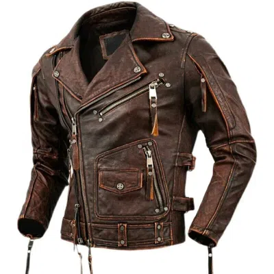 Pre-owned International Classic Men's Motorcycle Vintage Distressed Brown Biker Real Leather Jacket