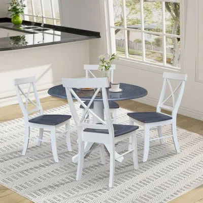 International Concepts Dalia Round Top 5 Piece Drop Leaf Solid Wood Dining Set In White,heather Gray