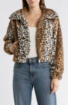 International Designer Leopard Print Faux Fur Bomber Jacket In Brown