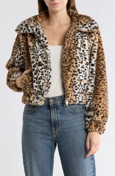 International Designer Leopard Print Faux Fur Bomber Jacket In Brown