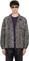 International Gallery Beams Black & White Herringbone Tweed Open Collar Shirt In Black