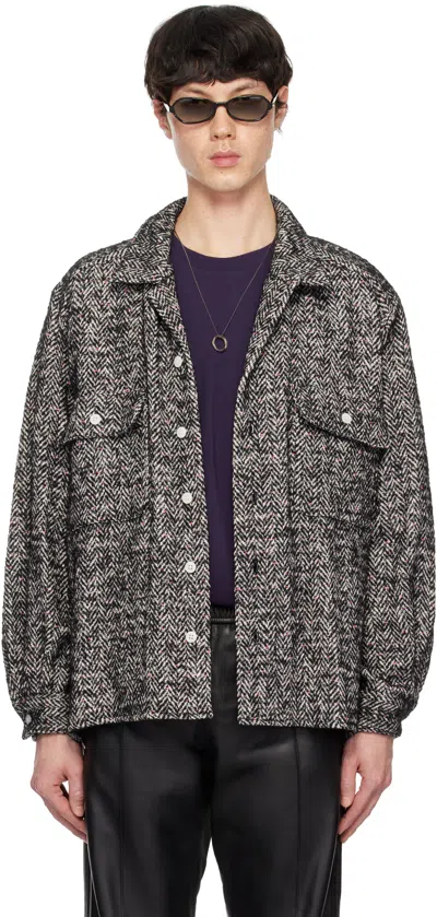 International Gallery Beams Black & White Herringbone Tweed Open Collar Shirt