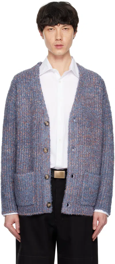 International Gallery Beams Blue Shaggy Knit V-neck Cardigan In Bluexbeg