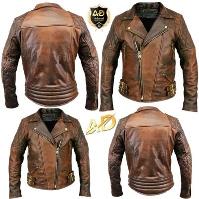 Pre-owned International Men's Motorcycle Vintage Cafe Racer Biker Distressed Brown Real Leather Jacket
