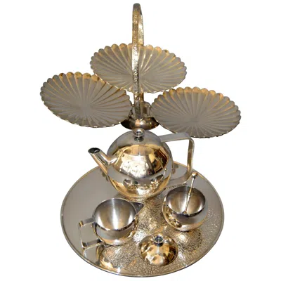 Pre-owned International Silver 50s Old English Silver Plate Six Pieces Tea Coffee Service On Round Serving Tray In Brown