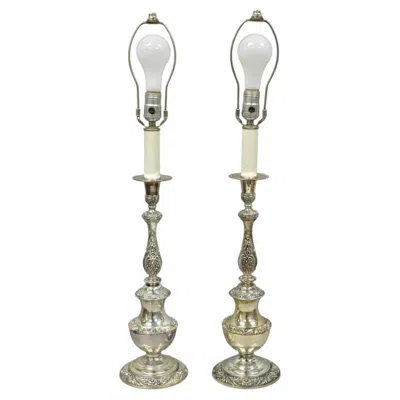 Pre-owned International Silver International Victorian Silver Plate Floral Repousse Candlestick Table Lamp Pair