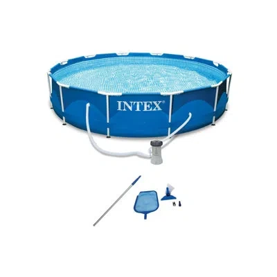 Intex 12' X 2.5' Round Pool W/ Filter Pump & Pool Cleaning Kit W/ Vacuum & Pole In Gray