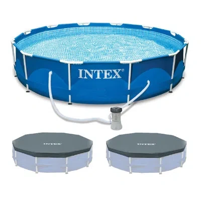 Intex 12'x30" Metal Frame Swimming Pool With Filter Pump & 2 Pool Cover In Blue