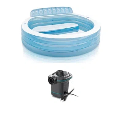 Intex 7.08' X 30 " Family Lounge Pool W/ Built In Bench & 120v Electric Air Pump In Blue