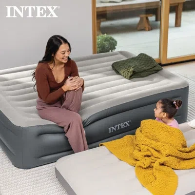 Intex Dura Beam Essential Rest Blow Up Queen Mattress Air Bed With Built In Pump In Gray
