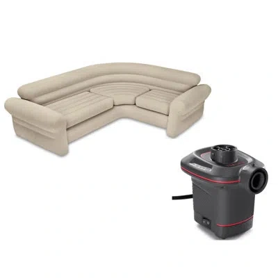 Intex Inflatable Corner Sectional Sofa W/ 120v Quick Fill Ac Electric Air Pump In Beige