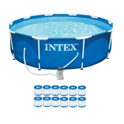 Intex Metal Frame Pool Set W/ Filter Pump And Type H Filter Cartridges (12 Pack) In Gray