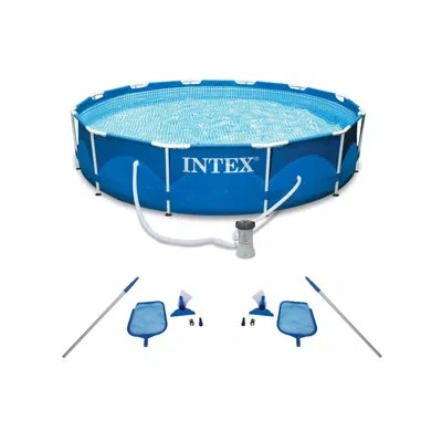 Intex Metal Frame Swimming Pool With Filter Pump And Pool Cleaning Kit (2 Pack) In Blue