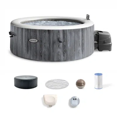 Intex Purespa Greywood Deluxe Spa Set 140 Bubble Jet Hot Tub With Cover, 77 Inch X28 Inch In Greystone